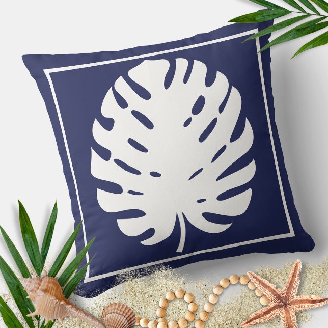 Almofada Folha de Monstera Azul Naval e Branco Costeiro Mod (Criador carregado)