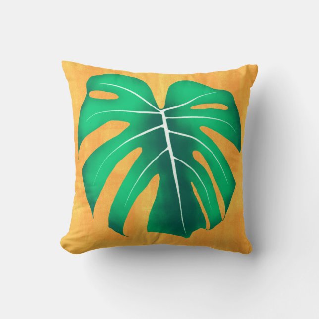 Almofada Folha de Monstera Tropical em Amarelo (Frente)