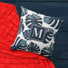 Almofada Folha de Monstera Tropical marinho Azul e Branco