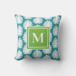 Almofada Folha de Monstera Verde Aqua Branco Monograma Cost