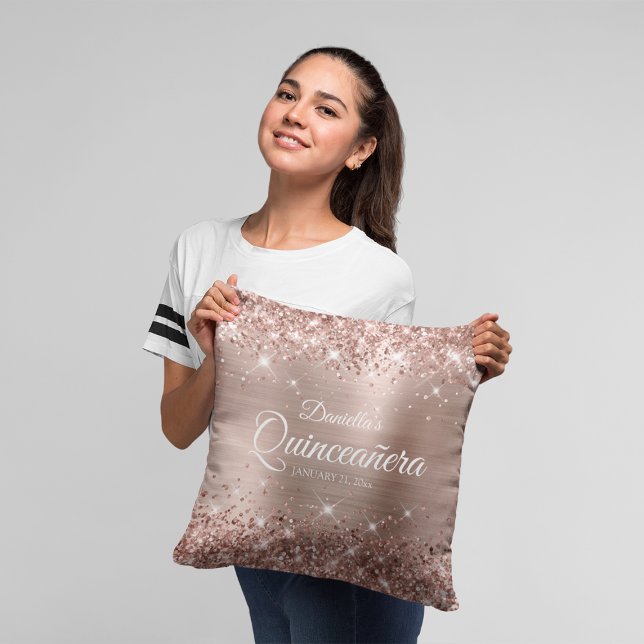 Almofada Folha de Ouro Rosa de Glittery 15 Quinceañera (Rose Gold Mis Quince Throw Pillow)