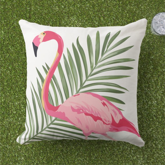 Almofada Folha de Palmeira Flamingo Rosa Tropical (Grama)