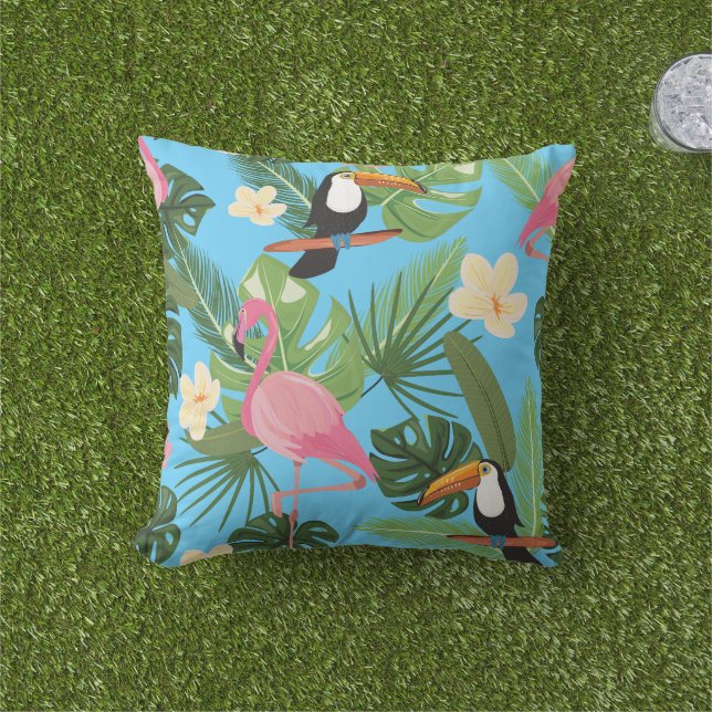 Almofada Folha Floral Tropical Flamingo Toucan Blue Summer (Grama)