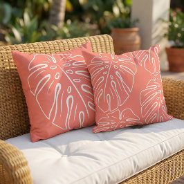 Almofada Folha Tropical Branca em Laranja Vermelho Coral