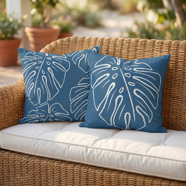 Almofada Folha Tropical Branca Motivo Em Azul Ciano Médio E
