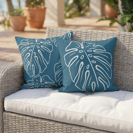 Almofada Folha Tropical Branca Motivo Em Azul Verde Teal Es