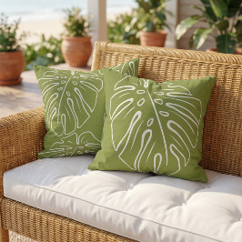 Almofada Folha Tropical Branca Motivo Em Verde Oliva