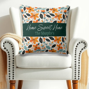 Almofada Folhagem Laranja e Azul e Flores Personalizadas