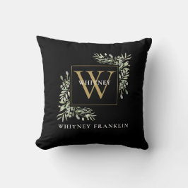 Almofada Folhagem Verde Moderna Monograma Preto Dourado