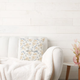 Almofada Folhas Azuis Florais Creme Romântico