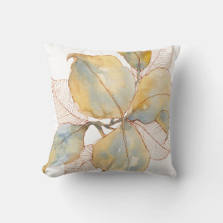 Almofada Folhas Botânicas de Aquarela Azul Dourado Suave