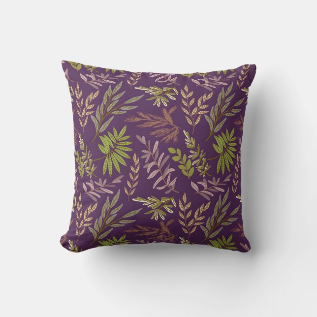 Almofada Folhas Botânicas: Um Fundo Roxo Impressionante (Frente)
