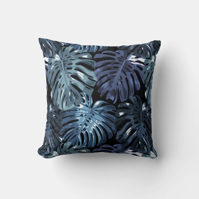 Almofada Folhas da selva de Monstera Negra Azul Tropical Es (Frente)