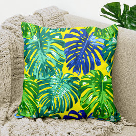 Almofada Folhas da selva verde-azul-tropical Amarelo Monste