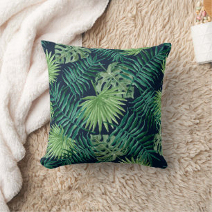 Almofada Folhas de Aquarela Tropicais no fundo azul Marinho