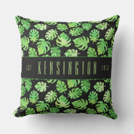 Almofada Folhas de Aquarela Verde Tropical com Nome da Famí