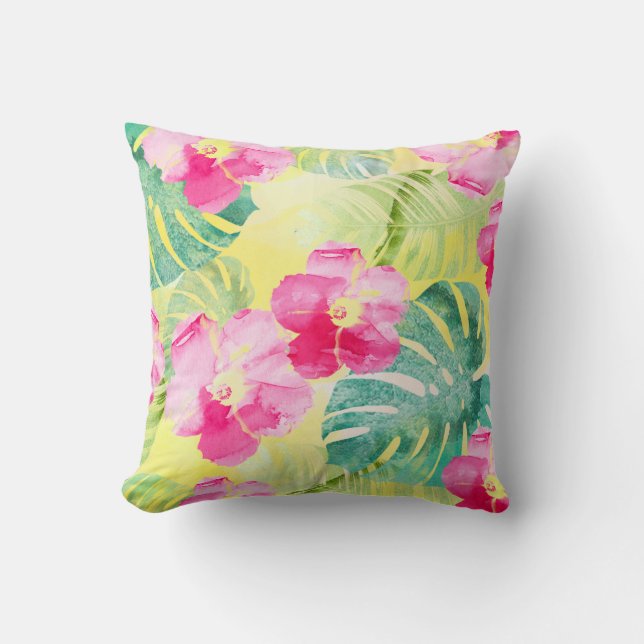 Almofada Folhas de Banana Tropical e Flores de Hibisco (Frente)