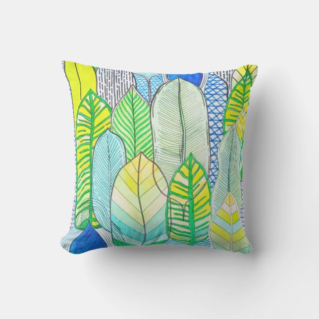 Almofada Folhas de Boho Tropicais Modernas e Amarelas Verde (Frente)