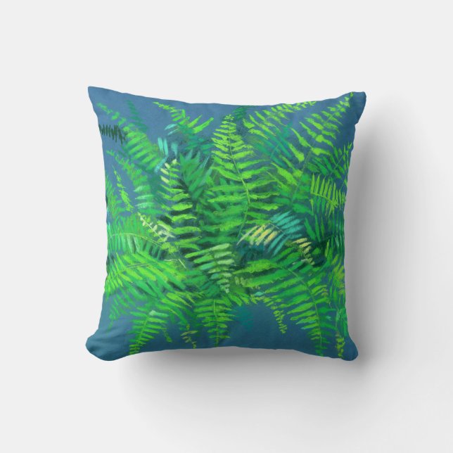 Almofada Folhas de Fern, pteridófitas, azul de arte floral  (Frente)
