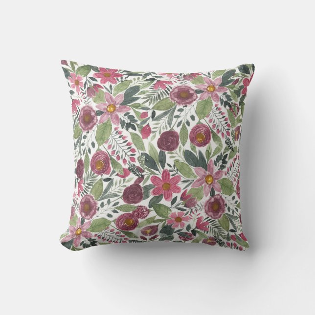 Almofada Folhas de Flores de Aquarelas Verdes da Floresta R (Frente)