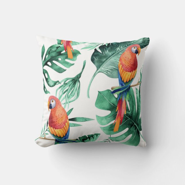 Almofada Folhas de Floresta Tropical Verde Papagaios (Frente)
