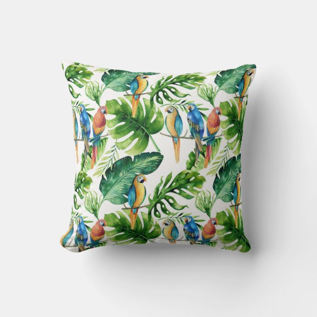 Almofada Folhas de Floresta Tropical Verde Papagaios (Frente)