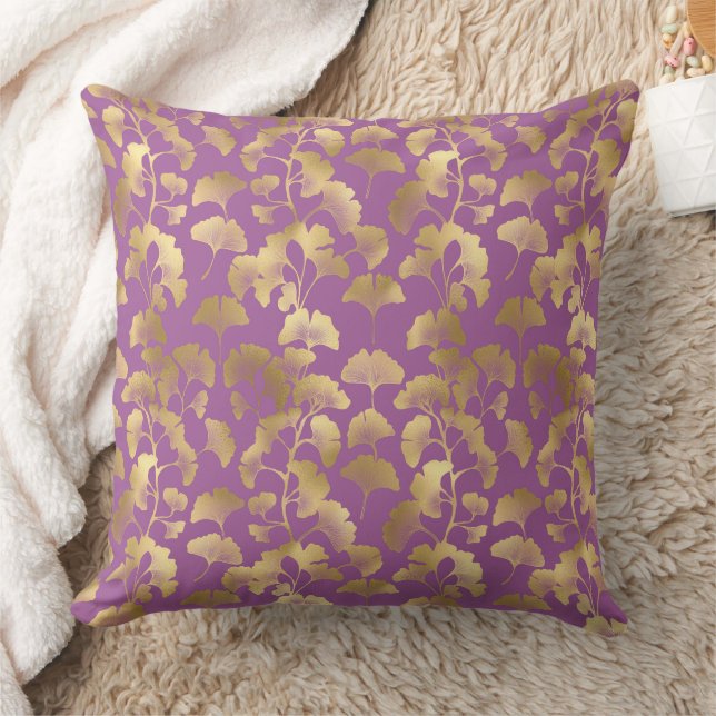 Almofada Folhas de Ginkgo Douradas de Luxo em Roxo Fundo (5 (Cobertor)