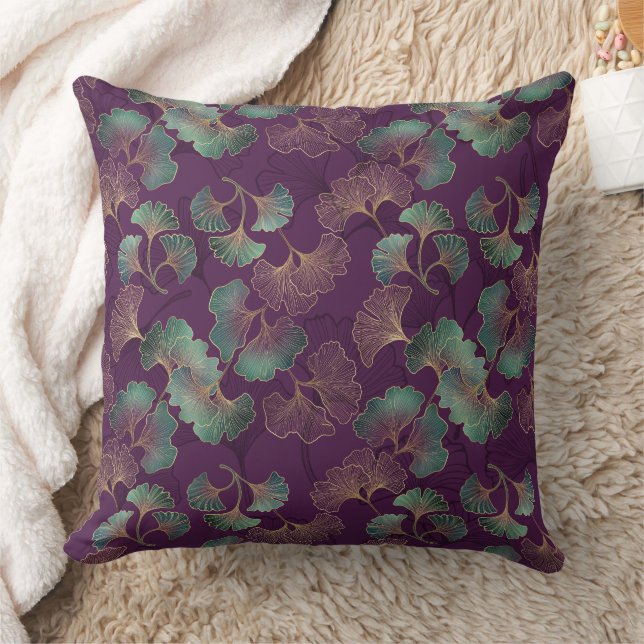 Almofada Folhas de Ginkgo Douradas em Padrão Botânico Roxo (Cobertor)