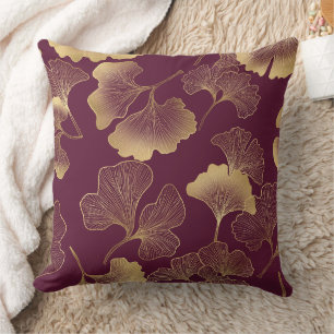 Almofada Folhas de Ginkgo Douradas Luxuosas em Burgundy Pro
