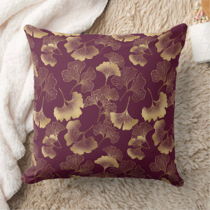 Almofada Folhas de Ginkgo Douradas Luxuosas em Burgundy Pro