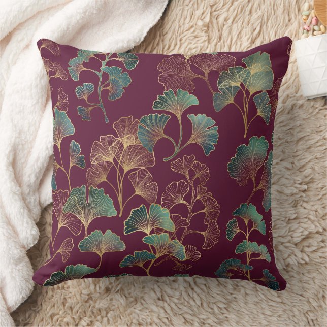 Almofada Folhas de Ginkgo em Verde-azulado e Dourado sobre  (Cobertor)