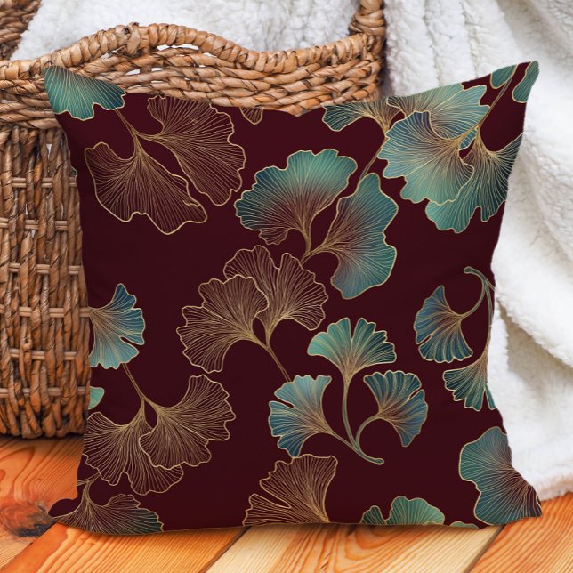 Almofada Folhas de Ginko Burgundy Azul-turquesa Dourado Ele (Elegant burgundy/wine, teal, and gold ginko decorator pillow)