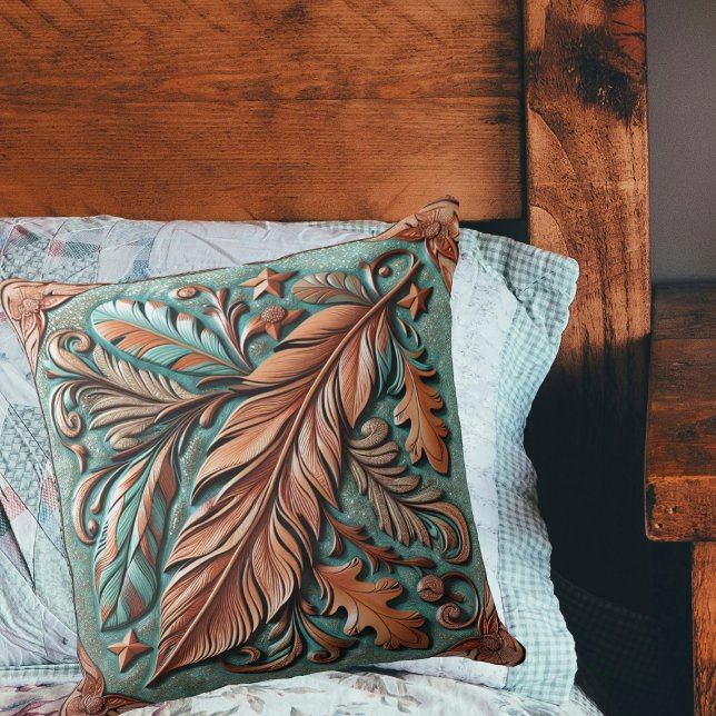 Almofada Folhas de Impressão de couro (Tooled Leather Print Feathers Leaves Throw Pillow)