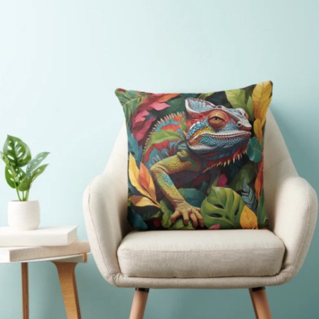 Almofada Folhas de Lagarto & Cor (Colourful Lizard Tropical Jungle Art pillow high quality 100% polyester hidden zipper enclosure. )