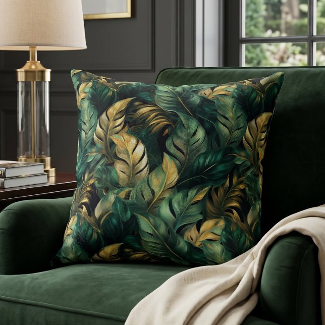 Almofada Folhas de Monstera Elegantes em Verde e Dourado (Criador carregado)