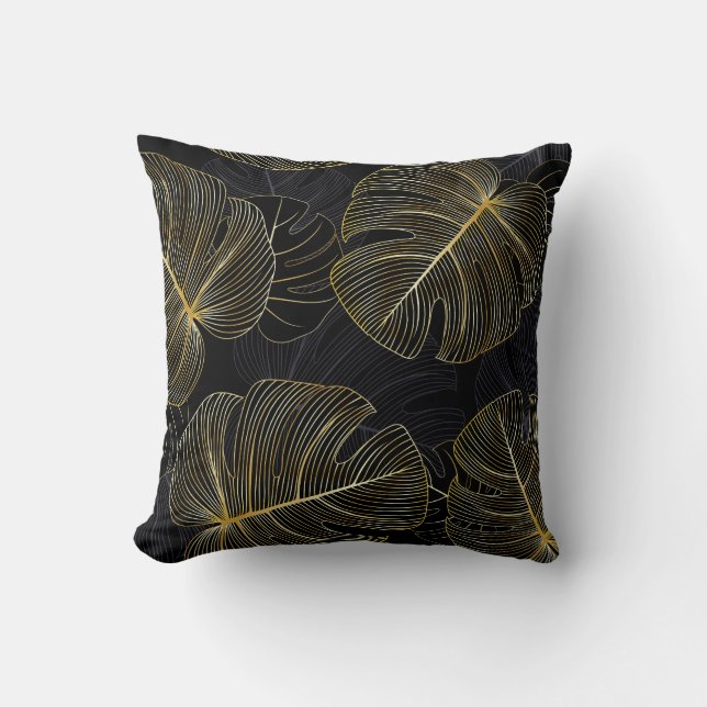 Almofada Folhas de monstera ouro, floral romântico sem cost (Frente)