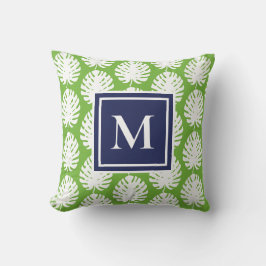 Almofada Folhas de Monstera Verde Azul-Marinho Moderno Mono