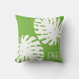 Almofada Folhas de Monstera Verde Branco Costeiro Moderno
