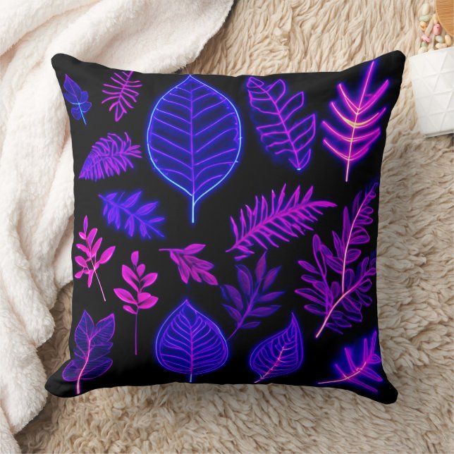 Almofada Folhas de Neon em Tons Rosa e Roxo (Cobertor)