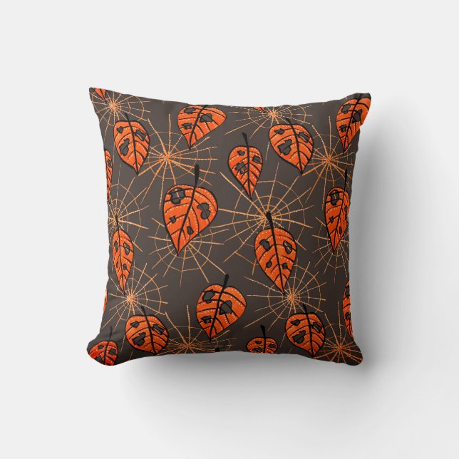 Almofada Folhas de outono e teias de aranha do Halloween (Frente)
