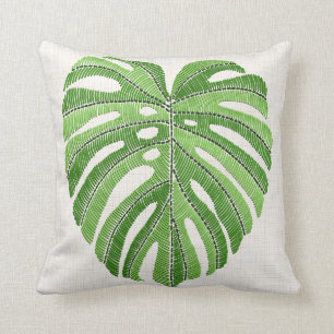Almofada Folhas de palma bordadas. Monstera Tropical Verde
