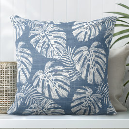 Almofada Folhas de Palma de Monstera Azul e Branco