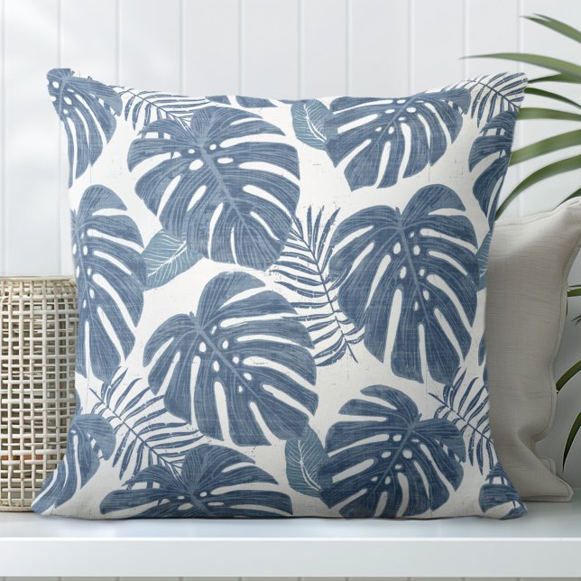 Almofada Folhas de Palma de Monstera Azul e Branco (Criador carregado)