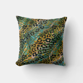 Almofada Folhas de palma num fundo-leopardo.