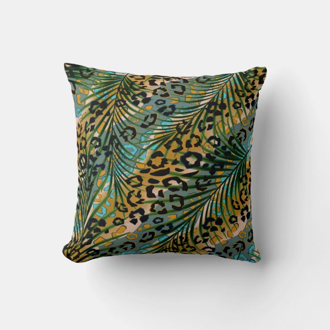 Almofada Folhas de palma num fundo-leopardo. (Frente)