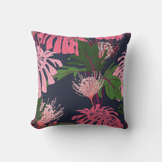 Almofada Folhas de palma tropicais, verdes e cor-de-rosa, e (Frente)