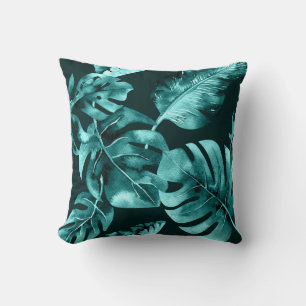 Almofada Folhas de Palmeira Tropicais Preto e Azul Turquesa