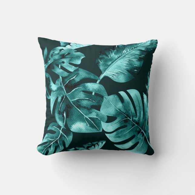 Almofada Folhas de Palmeira Tropicais Preto e Azul Turquesa (Frente)