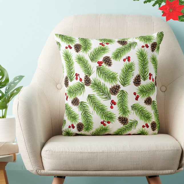 Almofada Folhas de Pinheiro de Natal, Cones e Bagas Vermelh (Criador carregado)