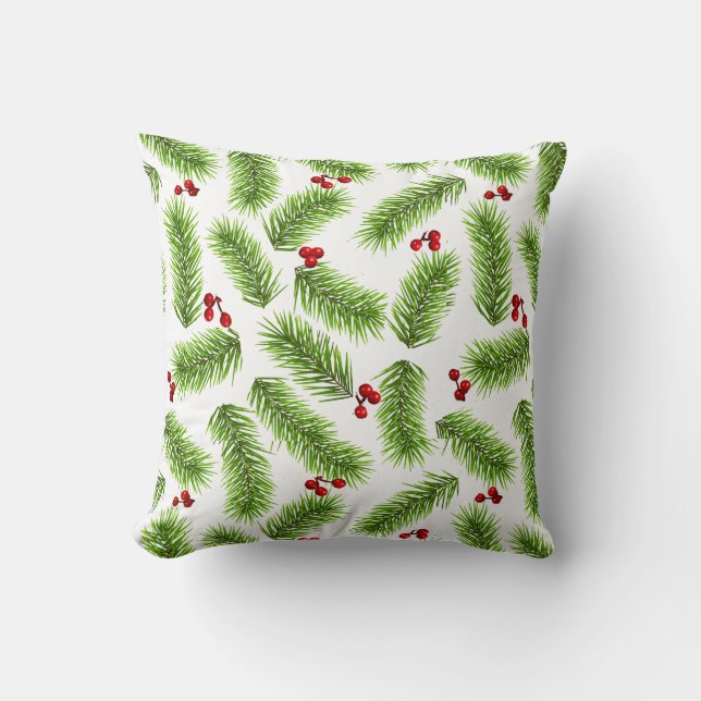 Almofada Folhas de Pinheiro Verde de Natal & Frutas Vermelh (Frente)